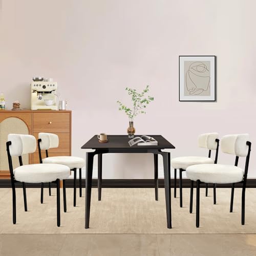 ELRINA White Boucle Dining Chairs Set of 4, Mid-Century Modern Dining Room Chairs, Round Upholstered Boucle Chair for Living Room, Kitchen Chair with Curved Backrest, Foam Cushion & Black Metal Legs