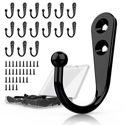 PRIGVOT 15 Pcs Black Wall Mounted Coat Hooks, Hanger Hook with 30 Pieces Screws for Towel, Key, Robe, Scarf, Bag, Cap, Coffee Cup, Mugs