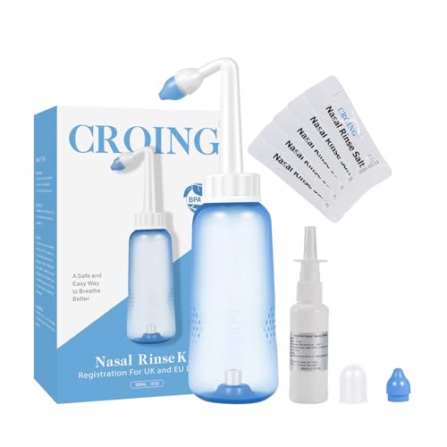 Croing Neti Pot Sinus Rinse Nasal Wash Bottle Sinus Rinse Bottle Allergy Cleaner Pressure Irrigation Neti-Pot with Nasal Spray Bottle for Adult & Kid BPA Free(300ml with 40 Nasal Wash Salt Packets)