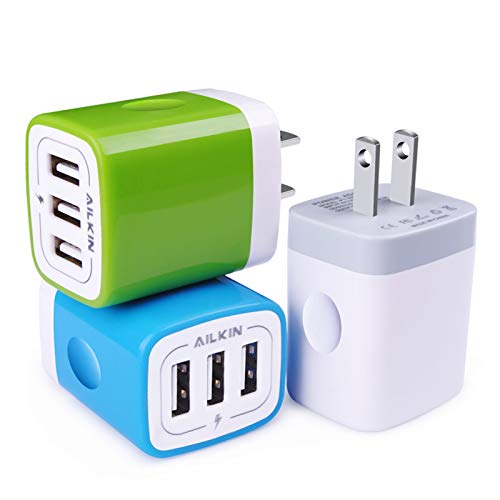 USB Plug-in Wall Charger, Charging Block, 3Pack Ailkin 3.1A Fast Charge 3-Port Power Adapter Cube Box Brick Base Compatible with iPhone, iPad, LG, Honor, Samsung, Kindle Fire, Blue, all USB Brick Base