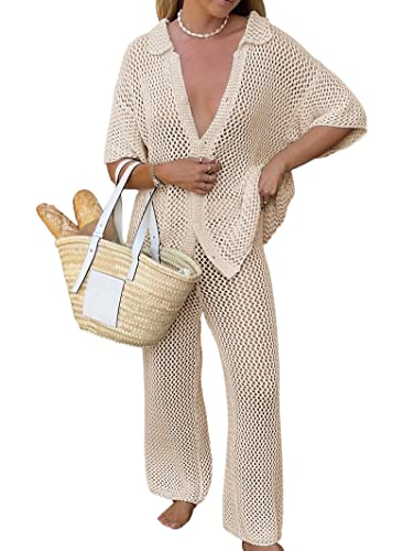 Famulily Women 2 Piece Crochet Mesh Sets Knitted Hollow Out Cover Up Cute Summer Lounge Sets for Beach Khaki XL