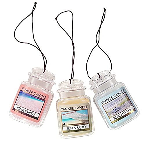 Yankee Candle Car Air Fresheners, Hanging Car Jar Ultimate 3-Pack, Neutralizes Odors Up To 30 Days, Includes: 1 Beach Walk, 1 Pink Sands, and 1 Sun and Sand (Pack of 3)