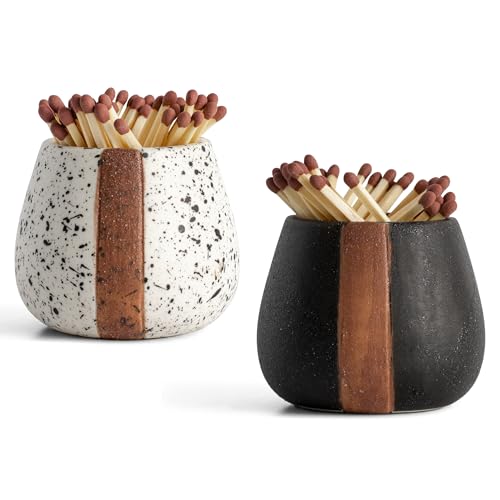 Amarcado Ceramic Match Holder with Striker for Cute and Fancy Matches - Set of 2 - Matches in a Jar - Decorative Modern Home Decor Gifts - Mantel Decorations - Matches NOT included