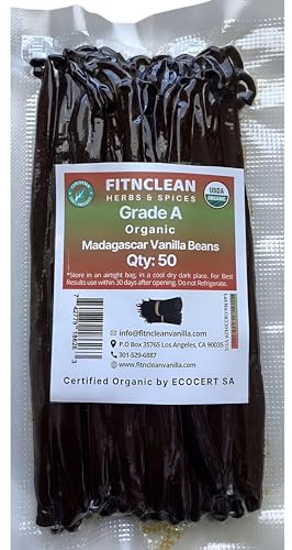 50 Organic Grade A Madagascar Vanilla Beans. Certified USDA Organic for Extract and all things Vanilla by FITNCLEAN VANILLA. ~5' Bulk Fresh Bourbon NON-GMO Pods.