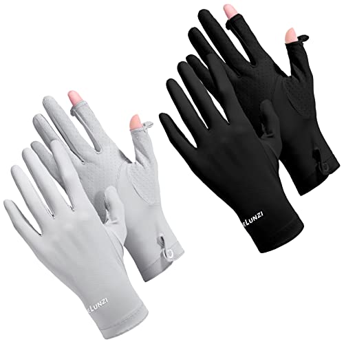 Loopeer 2 Packs Women UV Sun Protection Gloves Full Finger Touchscreen Non Slip Gloves Breathable Summer Outdoor Gloves for Women (Grey, Black, Buckle)