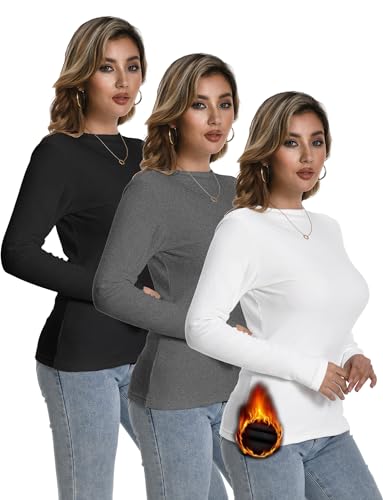 Dalavch 3 Pack Women Thermal Long Sleeve Shirts Crew Neck Fleece Lined Base Layer Undershirt Tops Sweater Ladies Cold Weather Black Grey White Medium