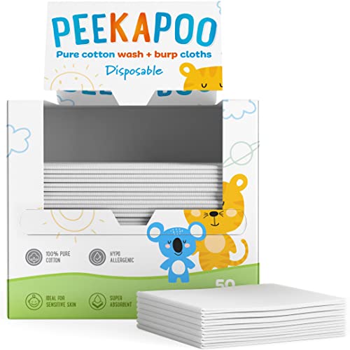 Peekapoo - Disposable Cotton Wash Cloths (50 Pack), Biodegradable, Soft, Thick, Baby Burp Cloths, Unscented, Hypoallergenic Burping Cloth, Sensitive Skin