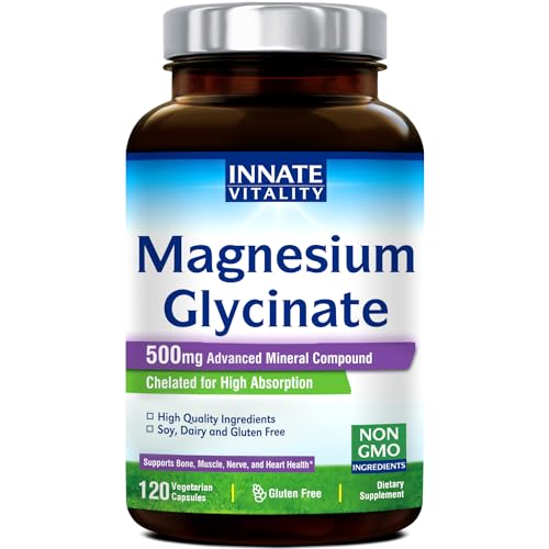 Innate Vitality Magnesium Glycinate 500mg, 70mg Elemental Magnesium per Cap, High Absorption, Non-GMO No Gluten, Nerve, Muscle, Bone, Heart Health, 120 Veggie Capsules