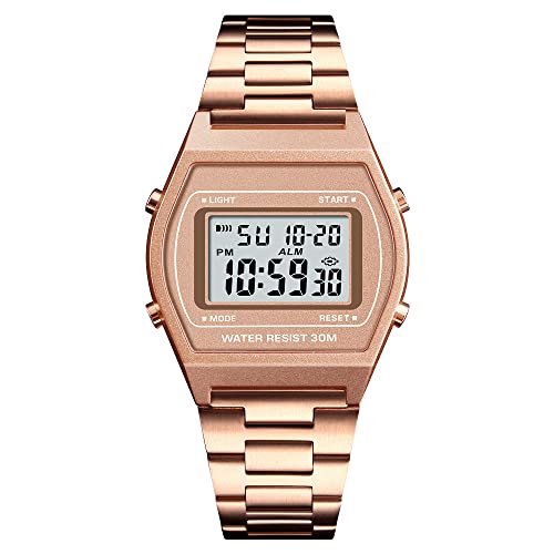 TOOCAT Rose Gold Watch for Women, Fashion Simple Ladies LED Digital Watch Stainless Steel Band Square Electronic Wrist Watch for Girls