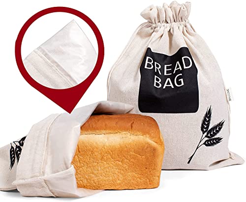 2 X Bread Bags for Homemade Bread - Plastic Lined, Reusable Linen Cloth Saver Bag For Sourdough & Homemade Bread Storage - 17' x 13' XL