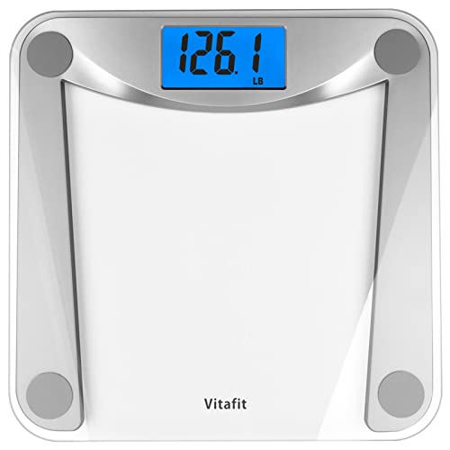 Vitafit Digital Bathroom Scale for Body Weight,Weighing Professional Since 2001,Extra Large Blue Backlit LCD and Step-On, Batteries Included, 400lb/180kg,Clear Glass,Silver
