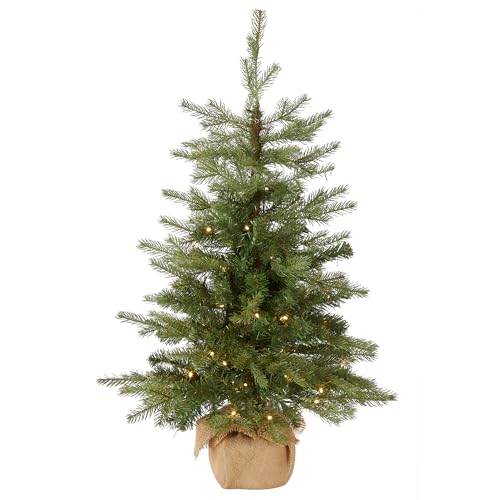 National Tree Company Pre-Lit 'Feel Real' Artificial Mini Christmas Tree, Green, Nordic Spruce, White Lights, Includes Burlap Bag Base, 3 Feet