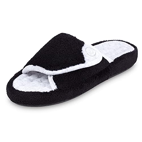 isotoner Women's Terry Spa Slip On Slide Slipper with Memory Foam for Indoor/Outdoor Comfort, Black, 9.5-10