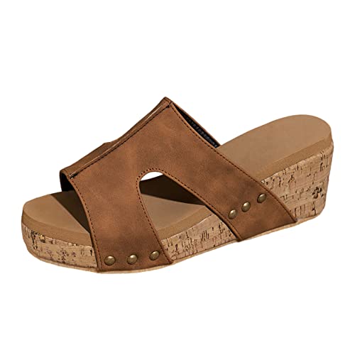 JEUROT Sandalias De Mujer De Vestir Elegantes Women's Wedge Sandals Open Toe Comfortable Platform High Heel Slip On Beach Shoes Summer Casual Slides (Brown, 7)