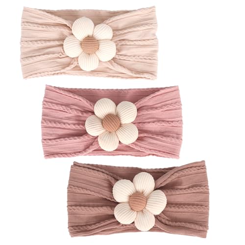 MIUXUESO 3 Pcs Baby Flower Headbands Baby Girls Nylon Headbands Soft Hairbands Hair Accessories for Newborn Infant Toddler Kids（Beige Pink Khaki）