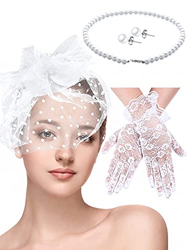 Honoson 4 Pieces Fascinators Hat for Women Headband Tea Party with Short Lace Gloves (White)