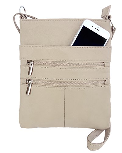 Roma Leathers Mini Cross Body Purse - Multi Pocket Double Zipper Handbag - Premium Cream Leather - Adjustable Shoulder Strap - Convenient Travel Bag - Designed in the U.S.A.