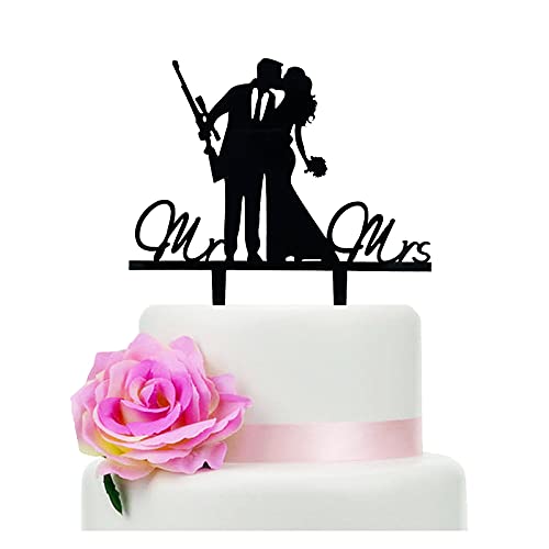 Mr and Mrs Wedding Cake Topper - Groom & Bride With Heavy Gun and Holding Flowers - Funny Gun Theme Wedding/Anniversary/Bridal Shower Cake Topper, Funny Wedding Cake Topper (Heavy Gun)