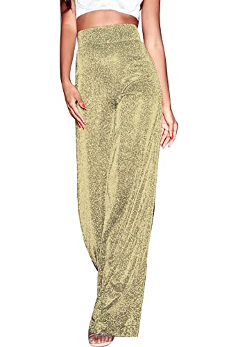 Velius Women's Sexy Metallic Sparkly Wide Leg Pants Trousers Clubwear(Medium, Gold)