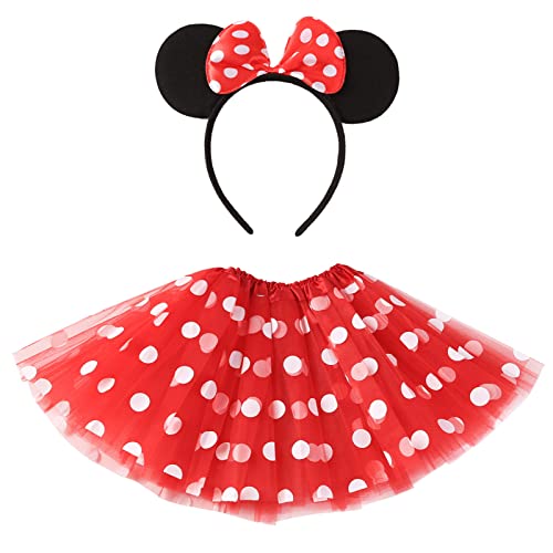 Nuolich Girls Polka Dots Tutu Skirt Mouse Ears Headband Toddler Birthday Party Dress Up Halloween Costume Outfit Red