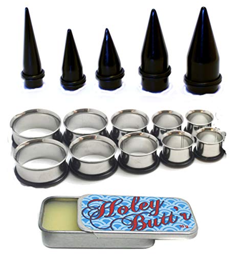 Zaya Body Jewelry 15 Pc Huge Tapers Ear Stretching Kit Black Tapers and Surgical Steel Tunnels 0g-1 inch Holey Butt'r (9/16' 5/8' 3/4' 7/8' 1 inch)