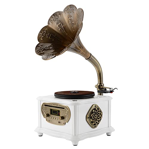 Gramophone Phonograph Turntable Vinyl Record Player Home Decoration Built-in Bluetooth, FM Radio & USB Flash Drive, Aux-in Jack, CD Player with Alloy Base and Copper Horn