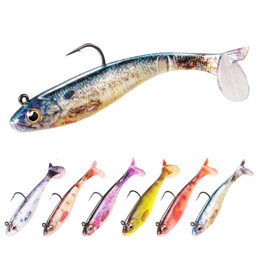 6-Piece Swim Baits for Bass Fishing, Pre-Rigged Jig Heads Soft Plastic Walleye Fishing Lures, Paddle Tail Swimbaits for Bass Fishing, Fishing Bait for Freshwater Saltwater, Fishing Gear Gifts for Men