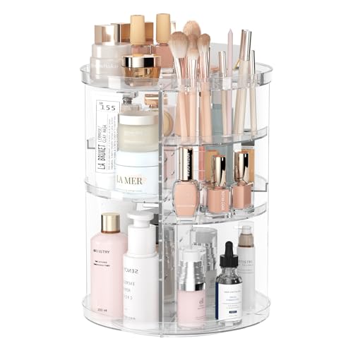 Rotating Makeup Organizer, DIY 8 Adjustable Layers Spinning Skincare Organizer, Cosmetic Display Case with Brush Holder Perfume Tray, Multi-Function Storage Carousel for Vanity Bathroom Countertop