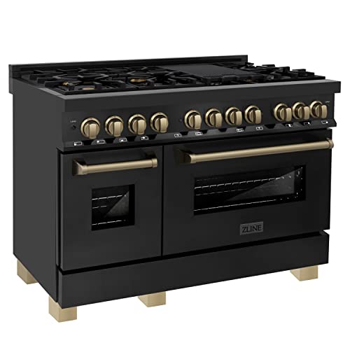 ZLINE Autograph Edition 48' 6.0 cu. ft. Dual Fuel Range with Gas Stove and Electric Oven in Black Stainless Steel with Champagne Bronze Accents (RABZ-48-CB)