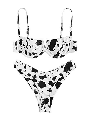 SweatyRocks Women's Sexy Bathing Suits Spaghetti Strap Bikini Set Graphic Print Swimsuit Black White M.