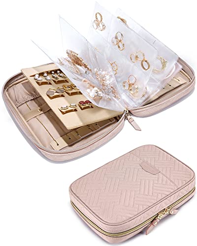 BAGSMART Jewelry Travel Organizer Case Transparent Jewelry Storage Book Ring Binder Jewelry Bags Clear Booklet Jewelry Rolls Zipper Pouch Bag for Necklaces, Earrings, Rings, Bracelets, Pink