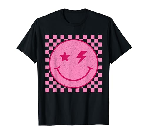 Retro Pink Happy Face Checkered Pattern Smile Face Trendy T-Shirt