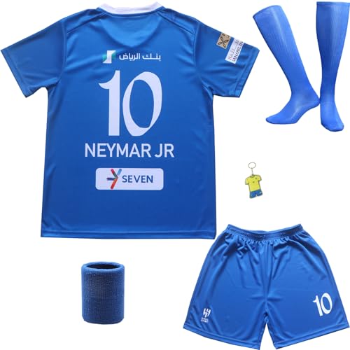 ORGBRAIN 2023/2024 Hilal Riyadh Al Home #10 Neymar Football Soccer Kids Jersey Shorts Socks Set Youth Size (Blue, 30)