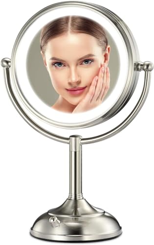 Professional 8.5' Large Lighted Makeup Mirror Updated with 3 Color Lights, 1X/10X Magnifying Swivel Vanity Mirror with 80 Premium LED Lights, Brightness Dimmable Cosmetic Mirror, Senior Pearl Nickel