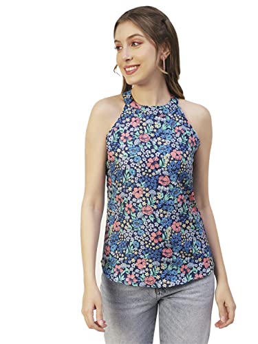 Moomaya Printed Women Tank Top, Styled Back Resort Wear, Long Summer Top Blue