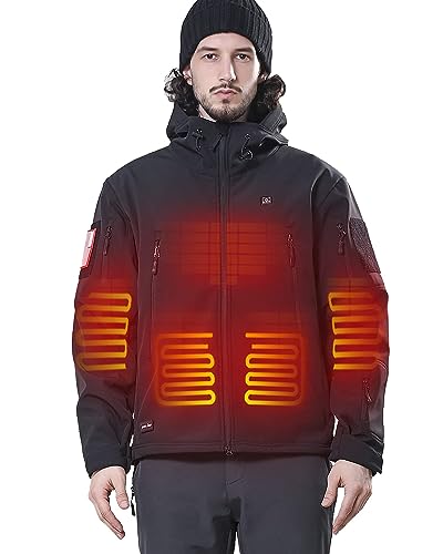 DEWBU Heated Jacket for Men with 12V Battery Pack Winter Outdoor Soft Shell Electric Heating Coat, Men's Black, L