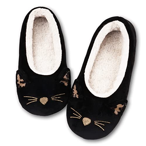 GaraTia Cat Slippers for Women Cute Animal Warm House Slippers Socks Winter Slip on Home Shoes Indoor Black 7-8 M US