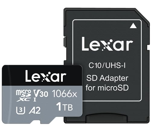 Lexar 1TB Professional 1066x Micro SD Card w/SD Adapter, UHS-I, U3, V30, A2, Full HD, 4K UHD, Up to 160/130 MB/s, for Action Cameras, Drones, Smartphones, Tablets, Nintendo-Switch (LMS1066001T-BNANU)