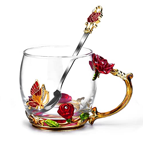 Glass Coffee Enamels Mug Best Birthday Gifts for Mom Women Butterfly Rose Lead-Free Stocking Stuffers for Women Red Tea Cup with Spoon Christmas Set Gifts for Women Her Mothers Valentines Day 11.3oz
