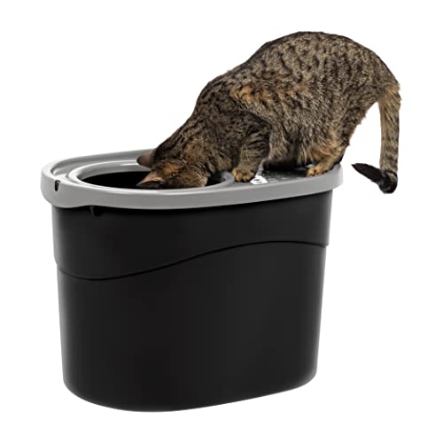 IRIS USA Oval Top Entry Cat Litter Box with Scoop, Kitty Litter Tray with Litter Catching Lid Less Tracking Dog Proof and Privacy Large, Black/Gray