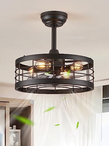 LEDIARY 16.5 inch Black Caged Ceiling Fan with Light, Bladeless Industrial Ceiling Fan with Remote, Farmhouse Fan Lights Ceiling Fixtures for Kitchen, Bedroom（6 Speed, Timing）-Black