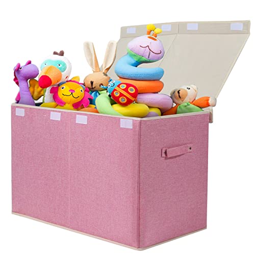 popoly Large Toy Box Chest Storage with Flip-Top Lid, Collapsible Kids Storage Boxes Container Bins for Childrens Toys, Playroom Organizers, 25'x13' x16' (Linen Pink)