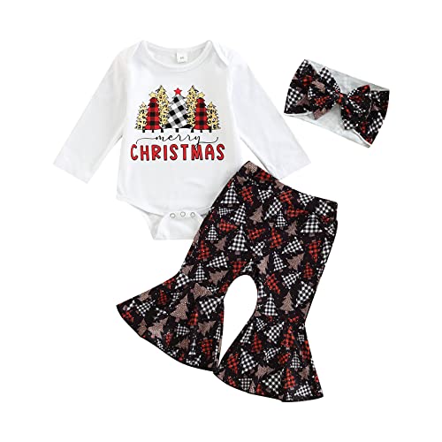 Hnyenmcko Newborn Baby Girl Christmas Outfits Puff Sleeve Santa Baby Romper Flared Pants Headband Infant Girl Clothes Sets (B-Christmas Tree, 3-6 Months)