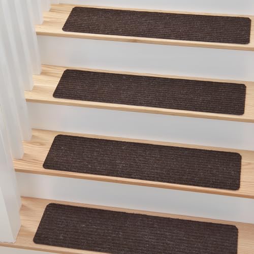 MBIGM 8' X 30' (15 in Pack) Non-Slip Carpet Stair Treads Non-Skid Safety Rug Slip Resistant Indoor Runner for Kids Elders and Pets with Reusable Adhesive - Brown