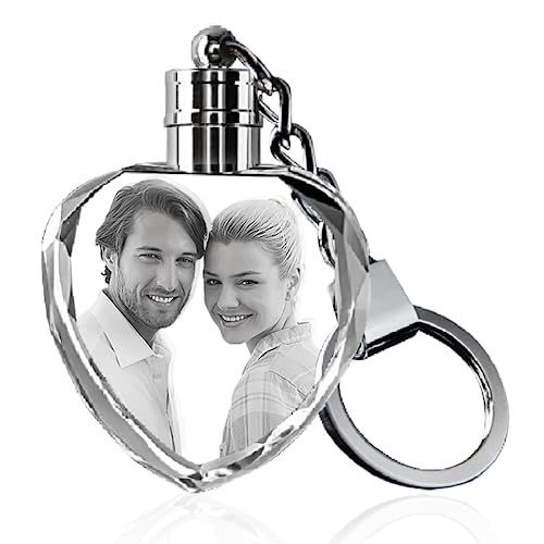 HAN'S LASER Personalized Keychains with LED Light, Mini Heart Shaped, Crystal Keychain with Your Own Photo, Great Memorial Gifts