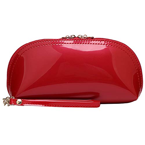 ZLMBAGUS Fashion Cosmetic Bag Patent Leather Makeup Pouch Wristlet Zipper Makeup Case Holder Coin Purse Clutch Red