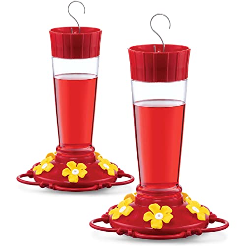 Hummingbird Feeder 10 oz [Set of 2] Plastic Feeders for Outdoors, with Built-in Ant Guard - Circular Perch with 5 Feeding Ports - Wide Mouth for Easy Filling/2 Part Base for Easy Cleaning