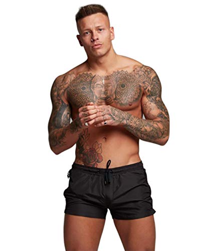 Mens Swim Trunks Quick Dry Swimwear Zipper Pockets, Swim Shorts with Mesh Lining Black