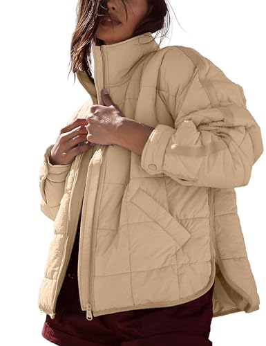 Omoone Women's Quilted Puffer Jacket Zip Up Oversized Lightweight Padded Down Coat Outerwear(3877-Khaki-S)