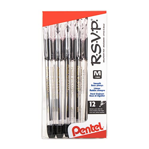 Pentel(R R.S.V.P.(R) Ballpoint Pens, 1.0 mm, Medium Point, Clear Barrel, Black Ink, Pack Of 12, BK91-A